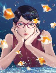 Rule 34 | 1girl, absurdres, bare shoulders, black hair, boruto: naruto next generations, bubble, closed mouth, commentary, english commentary, female focus, fish, glasses, goldfish, hands on own face, head rest, highres, lips, lipstick, looking at viewer, macubov, makeup, naruto (series), nose, red-framed eyewear, red shirt, shirt, short hair, sleeveless, sleeveless shirt, solo, swept bangs, uchiha sarada, upper body, water