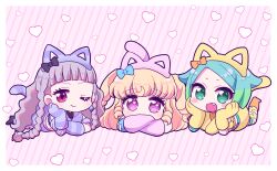 Rule 34 | 3girls, :d, animal ear hairband, animal ears, animal hands, black bow, blonde hair, blue bow, blue hair, blunt bangs, bow, braid, cat ear hairband, cat ears, cat tail, chibi, closed mouth, crossed arms, diamond earrings, earrings, fake animal ears, fang, gloves, green eyes, green hair, grey hair, hair bow, hairband, hand on own cheek, hand on own face, heart, heart background, highres, idol clothes, idol time pripara, jewelry, koda michiru, koyoshi yoko, long hair, long sleeves, looking at viewer, lying, miichiru (pripara), multicolored hair, multiple girls, nijiiro nino, on stomach, one eye closed, open mouth, orange bow, paw gloves, pink background, pretty series, pripara, purple eyes, purple hair, red eyes, ringlets, short hair, smile, striped background, swept bangs, tail, twin braids, two side up, very long hair, wavy hair, yellow hairband, yumekawa yui