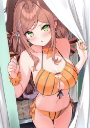 Rule 34 | 1girl, absurdres, bare shoulders, blush, bow, bowtie, breasts, brown hair, changing room, cleavage, curtains, earrings, fingernails, green eyes, green nails, hair ornament, hairclip, hands up, highres, hisen kaede, jewelry, long hair, looking at viewer, medium breasts, nail polish, navel, original, parted lips, scan, scrunchie, simple background, solo, stomach, striped, swimsuit, tojo senri (hisen kaede), vertical stripes, wrist scrunchie