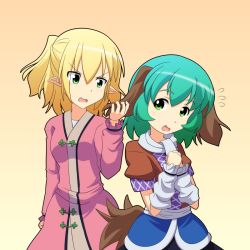 Rule 34 | 2girls, animal ears, arm warmers, blonde hair, cato (monocatienus), cosplay, costume switch, dress, grabbing another&#039;s ear, flying, flying sweatdrops, gradient background, green eyes, green hair, hand on another&#039;s ear, hands on own chest, kasodani kyouko, mizuhashi parsee, multiple girls, open mouth, pink dress, pointy ears, scarf, shirt, skirt, tail, touhou, wavy mouth