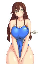 Rule 34 | 1girl, blush, braid, braided ponytail, breasts, brown hair, competition swimsuit, green eyes, highleg, highres, kantai collection, large breasts, long hair, looking to the side, low twintails, montemasa, noshiro (kancolle), one-piece swimsuit, simple background, smile, swimsuit, twintails