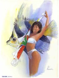 Rule 34 | 00s, 1girl, 2003, bikini, brown hair, female focus, fish, gradient background, kanai kiyoaki, smile, solo, swimsuit, towel, white bikini