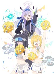 Rule 34 | 3girls, ^ ^, animal ears, arm up, armband, bare shoulders, black hair, black jacket, blonde hair, blue archive, blush, breasts, cheerleader, closed eyes, collarbone, confetti, covering own mouth, crop top, detached collar, dog ears, dog girl, dog tail, drone, fireworks, full-face blush, glasses, gloves, goggles, goggles on head, hairband, halo, hibiki (blue archive), hibiki (cheer squad) (blue archive), highres, holding, holding pom poms, jacket, kotori (blue archive), kotori (cheer squad) (blue archive), long hair, looking at viewer, midriff, millennium cheerleader outfit (blue archive), multiple girls, navel, outstretched arm, outstretched arms, pom pom (cheerleading), pom poms, pony (animal), purple hair, semi-rimless eyewear, short hair, short twintails, skirt, small breasts, string of flags, tail, thigh strap, twintails, utaha (blue archive), utaha (cheer squad) (blue archive), white gloves, white skirt, yayuyoron