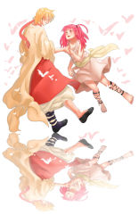 Rule 34 | 1boy, 1girl, absurdres, ali baba saluja, ankle lace-up, bad id, bad pixiv id, blonde hair, cross-laced footwear, earrings, highres, holding, jewelry, magi the labyrinth of magic, morgiana, qodkfka97, red eyes, red hair, reflection, short hair