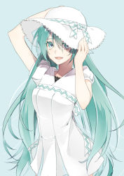 Rule 34 | 1girl, :d, alternate costume, aqua background, aqua eyes, aqua hair, arm up, blue background, bow, casual, dress, female focus, hair between eyes, hand on headwear, hands on headwear, hat, hat bow, hatsune miku, komenama, light smile, long hair, long image, looking at viewer, open mouth, puffy sleeves, short sleeves, simple background, smile, solo, standing, sun hat, sundress, tall image, twintails, very long hair, vocaloid, white dress, white hat