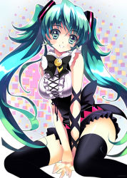 Rule 34 | 1girl, bad id, bad pixiv id, earrings, green eyes, green hair, hatsune miku, heart, jewelry, long hair, matching hair/eyes, musical note, pecorin, sitting, solo, spring onion, thighhighs, twintails, very long hair, vocaloid