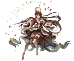 Rule 34 | 10s, 1girl, belt, black dress, bow, breasts, christmas, cleavage, coat, dagger, dress, flower, full body, fur hat, fur trim, gloves, granblue fantasy, hair between eyes, hat, holding, holding weapon, knees together feet apart, knife, large breasts, long hair, long sleeves, looking away, looking to the side, minaba hideo, official art, open clothes, open coat, petals, purple eyes, red coat, red flower, red gloves, red rose, rose, rosetta (granblue fantasy), rosetta (holiday) (granblue fantasy), short dress, smile, solo, sparkle, striped, striped bow, thighhighs, transparent background, ushanka, very long hair, weapon, white hat, white thighhighs, wide sleeves, winter clothes, zettai ryouiki
