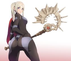 Rule 34 | 1girl, ass, axe, aymr (fire emblem), bodysuit, breasts, cape, cosplay, crossover, edelgard von hresvelg, fire emblem, fire emblem: three houses, fishi webcomics, from behind, heroes relic (fire emblem), highres, holding, holding weapon, kirijou mitsuru, kirijou mitsuru (cosplay), long hair, looking at viewer, looking back, nintendo, persona, persona 4: the ultimate in mayonaka arena, purple eyes, side ponytail, solo, weapon, white hair