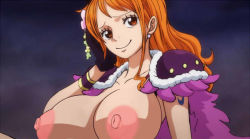Rule 34 | 1girl, breasts, brown eyes, clothes, ear piercing, female focus, huge breasts, long hair, looking at viewer, nami (one piece), nipples, one piece, open clothes, orange hair, piercing, smile, solo, third-party edit, ttrop