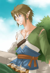 Rule 34 | 1boy, alternate costume, blue eyes, brown hair, earrings, jewelry, link, male focus, nature, nintendo, outdoors, pointy ears, sky, smile, solo, the legend of zelda, the legend of zelda: twilight princess