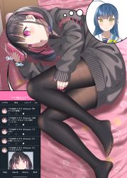 Rule 34 | 2girls, black hair, black hoodie, black legwear, blue hair, braid, cellphone, choker, commentary, feet, fine fabric emphasis, gurande (g-size), hair between eyes, hair ribbon, heart o-ring, highres, holding, holding phone, hood, hood down, hoodie, long sleeves, lying, multicolored hair, multiple girls, nail polish, no shoes, on bed, on side, open mouth, original, pantyhose, phone, pink hair, pink nails, puffy long sleeves, puffy sleeves, purple choker, purple eyes, revision, ribbon, single braid, sleeves past wrists, streaked hair, thought bubble, translated, twitter, yellow eyes, yellow ribbon