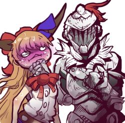 Rule 34 | 0 0, 1boy, 1girl, armor, asphyxiation, blue ribbon, bow, crossover, full armor, goblin slayer, goblin slayer!, hair bow, highres, horns, ibuki suika, keebweebin, knight, long hair, looking at viewer, o o, open mouth, orange hair, red bow, red ribbon, ribbon, simple background, sleeveless, strangling, sweat, torn ribbon, touhou, triangle mouth, white background