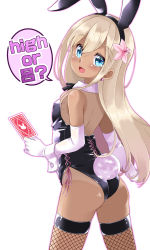 Rule 34 | 1girl, alternate costume, animal ears, ass, back, bare shoulders, black leotard, blonde hair, bow, bowtie, brown thighhighs, card, detached collar, earrings, elbow gloves, fake animal ears, fang, fishnets, flower, from behind, gin (shioyude), gloves, hair flower, hair ornament, jewelry, kantai collection, leotard, long hair, one-piece tan, playboy bunny, rabbit ears, rabbit tail, ro-500 (kancolle), solo, strapless, strapless leotard, tail, tan, tanline, thighhighs, white gloves, wrist cuffs