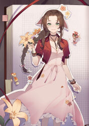 Rule 34 | 1girl, absurdres, aerith gainsborough, bangle, bracelet, braid, braided ponytail, breasts, brown hair, choker, closed mouth, cowboy shot, cropped jacket, dress, final fantasy, final fantasy vii, final fantasy vii rebirth, final fantasy vii remake, flower, flower choker, green eyes, hair ribbon, highres, holding, holding flower, jacket, jewelry, lilith-lily, lily (flower), long dress, long hair, looking at viewer, medium breasts, parted bangs, photo (object), pink dress, pink ribbon, red jacket, ribbon, scrapbook, short sleeves, sidelocks, single braid, smile, solo, standing, strawberry parfait, wavy hair, yellow flower