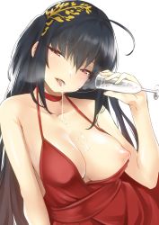 Rule 34 | 1girl, azur lane, black hair, blush, breasts, choker, cum, cum in container, cum in cup, cum in mouth, cum on body, cum on breasts, cum on upper body, cum string, cumdrip, cup, dress, drinking glass, glass, gokkun, hair ornament, half-closed eyes, head tilt, highres, holding, holding cup, large breasts, long hair, looking at viewer, narrowed eyes, nipples, no bra, nukkoru, official alternate costume, one breast out, red dress, red eyes, solo, steam, taihou (azur lane), taihou (forbidden feast) (azur lane), tongue, tongue out, very long hair, wine glass