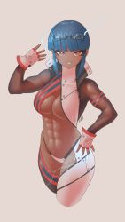 Rule 34 | 1girl, 2021, abs, absurdres, armband, beige background, biceps, black-framed eyewear, blue hair, blunt bangs, borrowed character, breasts, brown eyes, chaps, claria (j.wildcat), cleavage, commentary, criss-cross halter, cropped legs, crotch plate, dark-skinned female, dark skin, electricity, english commentary, eyeliner, fingerless gloves, fingernails, glasses, gloves, halterneck, highres, looking at viewer, makeup, medium breasts, multicolored clothes, muscular, muscular female, navel, original, popped collar, semi-rimless eyewear, short hair with long locks, shrug (clothing), signature, simple background, solo, thighs, under-rim eyewear, very dark skin, zhvo