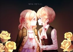 Rule 34 | 10s, 1boy, 1girl, aged down, ascot, blonde hair, blood, blue eyes, buttons, chain, child, collarbone, cuffs, diabolik lovers, dress, english text, flat chest, flower, formal, gradient background, hair ornament, hair ribbon, handcuffs, hetero, imminent kiss, interlocked fingers, jacket, komori yui, looking at another, manmosu, open mouth, petite, pink eyes, profile, rejet, ribbon, rose, sakamaki shuu, simple background, smile, text focus, twitter username, upper body, yellow flower, yellow rose