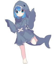 Rule 34 | 1girl, :o, animal costume, animal hood, aoi tori, barefoot, blue eyes, blue hair, blush stickers, commentary request, fins, fish tail, full body, hair between eyes, hands up, highres, hood, hood up, looking at viewer, original, parted lips, shark costume, shark hood, shark tail, simple background, solo, standing, standing on one leg, tail, teru-chan (aoi tori), white background