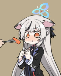 Rule 34 | 1girl, 1other, :i, animal ears, black dress, black hair, black ribbon, blue archive, blush, brown background, carrot, clenched hand, commentary, dress, feeding, food, fork, grey hair, hair ribbon, halo, holding, holding fork, kokona (blue archive), long hair, long sleeves, multicolored hair, nose blush, orange eyes, ribbon, sakaguchi (x+1), sidelocks, simple background, solo focus, streaked hair, symbol-only commentary, tears, very long hair