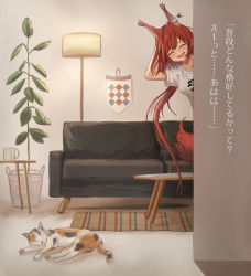 Rule 34 | 1girl, ^ ^, animal, animal ears, arknights, blouse, blush, calico, cat, closed eyes, commentary, couch, cranes (hiroro1), cup, ear tag, closed eyes, facing viewer, flametail (arknights), highres, indoors, mug, open mouth, peeking out, plant, potted plant, red hair, shirt, short hair with long locks, solo, squirrel ears, squirrel girl, squirrel tail, t-shirt, table, tail, translated, white shirt