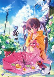Rule 34 | 1girl, absurdres, artist name, bow, brown eyes, brown hair, bucket, bush, cat, head rest, clothesline, cloud, coat, collarbone, contrail, day, flower, hair between eyes, hair ribbon, highres, holding, house, hydrangea, lily pad, long hair, looking at viewer, open clothes, open coat, original, outdoors, page number, pleated skirt, pole, power lines, raincoat, red bow, ribbon, rubber duck, scan, school uniform, serafuku, shirt, short sleeves, skirt, smile, solo, squatting, treble clef, tsucaco, twintails, umbrella, very long hair, water, watering can, white ribbon, white shirt, window