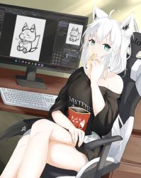 Rule 34 | 1girl, absurdres, ahoge, animal ear fluff, animal ears, bare shoulders, black shirt, braid, breasts, chair, chips (food), collarbone, commentary request, controller, crossed legs, earrings, eating, extra ears, food, fox ears, fox girl, fox tail, game controller, gaming chair, green eyes, grey shorts, hair between eyes, highres, hiragi moka, holding, holding food, hololive, indoors, jewelry, computer keyboard, long hair, looking at viewer, monitor, pentagram, shirakami fubuki, shirt, shorts, sidelocks, single braid, sitting, small breasts, solo, sukonbu (shirakami fubuki), swivel chair, table, tail, thighs, virtual youtuber, white hair