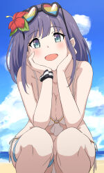 1girl beach bikini blue_eyes blurry blurry_background blush breasts cleavage collarbone eyewear_on_head flower green_eyes hair_flower hair_ornament hands_on_own_face hatenoga large_breasts looking_at_viewer misora_(princess_connect!) misora_(summer)_(princess_connect!) navel ocean open_mouth outdoors princess_connect! purple_hair red_flower sand side-tie_bikini_bottom smile squatting swimsuit thigh_strap white_bikini