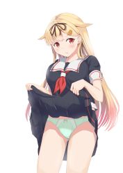 Rule 34 | 1girl, :t, absurdres, black dress, black ribbon, blonde hair, breasts, clothes lift, cropped legs, dress, dress lift, gluteal fold, gradient hair, green panties, hair ornament, hair ribbon, hairclip, highres, kantai collection, large breasts, long hair, looking at viewer, multicolored hair, neckerchief, panties, pleated dress, red eyes, red neckerchief, ribbon, short dress, short sleeves, simple background, solo, standing, underwear, very long hair, white background, yuudachi (kancolle), yuudachi kai ni (kancolle), zuki