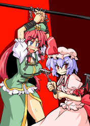 Rule 34 | 2girls, bat wings, blue eyes, braid, china dress, chinese clothes, dress, embodiment of scarlet devil, fang, female focus, harukatron, hat, hong meiling, long hair, md5 mismatch, multiple girls, purple hair, rake, red eyes, red hair, remilia scarlet, resolution mismatch, short hair, source larger, touhou, twin braids, wings