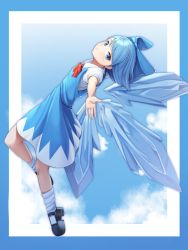 Rule 34 | 1girl, absurdres, black footwear, blue bow, blue eyes, blue hair, blue theme, bow, cirno, closed mouth, cloud, expressionless, full body, goback, hair bow, highres, ice, ice wings, looking at viewer, outside border, puffy short sleeves, puffy sleeves, red bow, short hair, short sleeves, socks, solo, touhou, white socks, wings