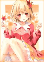 Rule 34 | 1girl, aki shizuha, bad id, bad pixiv id, blonde hair, blouse, blush, border, colored pencil (medium), convenient leg, frilled skirt, frills, gradient background, gradient skirt, hair ornament, hands up, knees together feet apart, knees up, leaf, leaf hair ornament, legs together, light smile, long sleeves, looking at viewer, maple leaf, marker (medium), orange border, parted lips, potto, potto (minntochan), red eyes, red shirt, sample watermark, shirt, short hair, sitting, skirt, solo, touhou, traditional media, watermark, wing collar