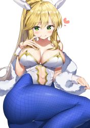 Rule 34 | 1girl, :q, absurdres, animal ears, artoria pendragon (all), artoria pendragon (fate), artoria pendragon (swimsuit ruler) (fate), ass, bare shoulders, blonde hair, blue pantyhose, blush, breasts, cleavage, closed mouth, clothing cutout, collarbone, commentary, detached collar, fake animal ears, fate/grand order, fate (series), fishnet pantyhose, fishnets, green eyes, heart, highres, kuse (0201), large breasts, leotard, long hair, looking at viewer, lying, navel, navel cutout, pantyhose, playboy bunny, ponytail, rabbit ears, sidelocks, simple background, smile, solo, strapless, strapless leotard, tongue, tongue out, white background, white leotard, wrist cuffs