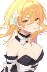 Rule 34 | 1girl, blonde hair, breasts, cleavage, closed mouth, commentary, detached collar, detached sleeves, dress, earrings, flower, genshin impact, hair flower, hair ornament, highres, jesse (pixiv34586727), jewelry, light particles, long hair, looking at viewer, lumine (genshin impact), medium breasts, neck ribbon, ribbon, simple background, solo, strapless, strapless dress, upper body, white background, white flower, yellow eyes