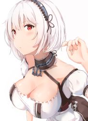 Rule 34 | 1girl, anchor symbol, azur lane, bad id, bad pixiv id, blush, breasts, choker, cleavage, closed mouth, commentary request, hair between eyes, hairband, hand up, head tilt, highres, lace-trimmed hairband, lace trim, large breasts, looking at viewer, ponyaru, puffy short sleeves, puffy sleeves, red eyes, short hair, short sleeves, sidelocks, simple background, sirius (azur lane), solo, upper body, white background, white hair