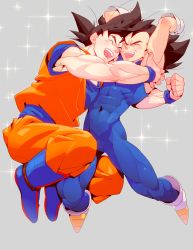 Rule 34 | 2boys, abs, absurdres, arms up, bad id, bad pixiv id, black hair, blue footwear, bodysuit, boots, clenched hand, covered navel, dragon ball, dragonball z, gloves, grey background, highres, hug, jumping, legs folded, male focus, multiple boys, muscular, open mouth, skin tight, smile, son goku, sparkle, spiked hair, supobi, vegeta, wristband