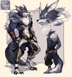 Rule 34 | 1boy, blue eyes, character sheet, cigar, earrings, furry, furry male, highres, jewelry, male focus, muscular, ookami (pixiv27280), pixiv fantasia, pixiv fantasia 4, topless male, solo, standing, werewolf