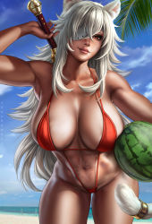 Rule 34 | 1girl, abs, animal ears, armpits, artist name, bare shoulders, bikini, blue sky, breasts, cat ears, cat girl, cat tail, cleavage, cloud, dandon fuga, dark-skinned female, dark skin, eyepatch, facial scar, female focus, food, fruit, ghislaine dedoldia, highres, jewelry, large breasts, light smile, lips, long hair, looking at viewer, midriff, mushoku tensei, navel, red bikini, red eyes, revealing clothes, ring, scar, scar on cheek, scar on face, scar on stomach, skindentation, sky, slingshot swimsuit, solo, swimsuit, sword, tail, tail ornament, tail ring, thighs, underboob, watermelon, weapon, white hair