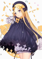 Rule 34 | 1girl, abigail williams (fate), bad id, bad pixiv id, black bow, black dress, blonde hair, bloomers, blush, bow, bubble, bug, butterfly, closed mouth, commentary request, cowboy shot, dhfz181, dress, fate/grand order, fate (series), hair bow, hands in opposite sleeves, heart, highres, insect, long hair, long sleeves, looking away, multiple hair bows, orange bow, parted bangs, polka dot, polka dot bow, purple eyes, short dress, solo, sparkle, star (symbol), underwear, very long hair, white background, white bloomers