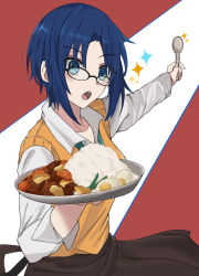 Rule 34 | 1girl, absurdres, apron, blue eyes, blue hair, blush, ciel (tsukihime), curry, curry rice, egg, food, glasses, highres, pikaremon, rice, short hair, solo, spoon, sweater vest, tsukihime, vest, yellow vest