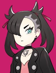 Rule 34 | 1girl, asymmetrical bangs, black choker, black hair, black jacket, chirosamu, choker, collarbone, commentary request, creatures (company), dress, earrings, game freak, green eyes, hair ribbon, highres, jacket, jewelry, marnie (pokemon), nintendo, open clothes, open jacket, parted lips, pink background, pink dress, pokemon, pokemon swsh, red ribbon, ribbon, simple background, solo, upper body