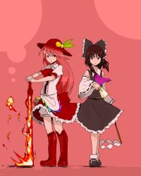 Rule 34 | 2girls, alternate color, alternate hair color, ascot, bloomers, boots, bow, brown eyes, brown hair, detached sleeves, female focus, fire, flaming sword, flaming weapon, food, fruit, gohei, hair bow, hair tubes, hakurei reimu, hands on hilt, hat, hinanawi tenshi, japanese clothes, long hair, mary janes, miko, multiple girls, peach, red eyes, red hair, shide, shoes, standing, sword, sword of hisou, touhou, underwear, weapon, yokohachi