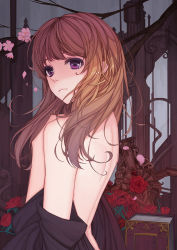 Rule 34 | 1girl, bad id, bad pixiv id, bare back, book, brown hair, catsmoon, flower, hands on own chest, highres, long hair, looking back, original, partially undressed, purple eyes, rose, solo, wavy hair