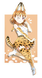 Rule 34 | 10s, 1girl, ;3, ^^^, animal ears, bare shoulders, blush, boots, bow, bowtie, closed mouth, cosplay, elbow gloves, full body, gloves, highres, kemono friends, leg up, looking at viewer, love live!, love live! sunshine!!, one eye closed, orange hair, pink eyes, serval (kemono friends), serval (kemono friends) (cosplay), serval print, serval tail, shirt, silhouette, sleeveless, sleeveless shirt, solo, striped tail, surfing orange, tail, takami chika, thighhighs, white footwear, white shirt
