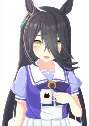 Rule 34 | 1girl, 2-butani, absurdres, ahoge, animal ears, black hair, bow, breasts, chestnut mouth, coffee mug, commentary request, cup, earrings, food, hair between eyes, highres, holding, holding cup, holding food, horse ears, horse girl, horse tail, jewelry, looking at viewer, manhattan cafe (umamusume), mug, multicolored hair, open mouth, pleated skirt, puffy short sleeves, puffy sleeves, purple bow, purple shirt, school uniform, shirt, short sleeves, simple background, single earring, skirt, small breasts, solo, streaked hair, summer uniform, tail, tracen school uniform, umamusume, upper body, white background, white hair, white skirt, yellow eyes