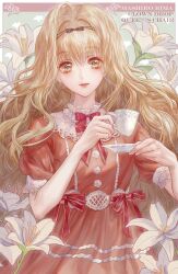 Rule 34 | 1girl, black bow, black headband, blonde hair, bow, cup, dress, floral background, floral print, flower, headband, highres, holding, holding cup, holding plate, lace, lace-trimmed dress, lace collar, lace trim, light smile, lily (flower), long hair, mashiro rima, plate, puffy short sleeves, puffy sleeves, red bow, red dress, red lips, ry1115275908, short sleeves, shugo chara!, smile, solo, teacup, wavy hair, white flower, yellow eyes