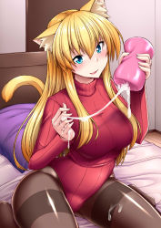 Rule 34 | 1girl, animal ears, artificial vagina, blonde hair, blue eyes, blush, breasts, cat ears, cat tail, commentary request, cum, cum on body, cum on clothes, cum on lower body, cum on upper body, fang, heattech leotard, highres, large breasts, leotard, long hair, looking at viewer, nokoppa, open mouth, original, pantyhose, pillow, sex toy, sitting, solo, tail, turtleneck, wariza