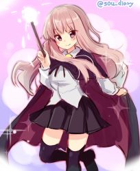 Rule 34 | 1girl, black cape, black thighhighs, cape, commentary request, long hair, long sleeves, looking at viewer, louise francoise le blanc de la valliere, pentacle, pink background, pink eyes, pink hair, shirt, smile, solo, sou (soutennkouchi), sparkle, standing, thighhighs, twitter username, wand, white shirt, zero no tsukaima, zettai ryouiki