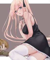 Rule 34 | 1girl, arm support, bare shoulders, black dress, blonde hair, blue eyes, breasts, chuck (shaman king), doll, dress, hand on own chest, highres, long hair, looking at viewer, looking to the side, marion phauna, mexif, open mouth, outside border, shaman king, simple background, sitting, solo, spaghetti strap, stitched mouth, stitches, thighhighs, thighs, very long hair, white thighhighs, zettai ryouiki
