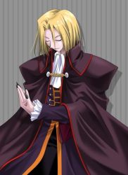 Rule 34 | 00s, 1boy, blonde hair, cape, closed eyes, male focus, melty blood, smile, solo, tsukihime, wallachia