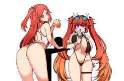 Rule 34 | ass, breasts, cleavage, expressionless, flat chest, food, highres, ice cream, large breasts, last origin, may of doom, navel, night angel (last origin), one-piece swimsuit, open mouth, purple eyes, red eyes, red hair, slingshot swimsuit, sni (qkrrjsdn03), swimsuit, thighs, twintails